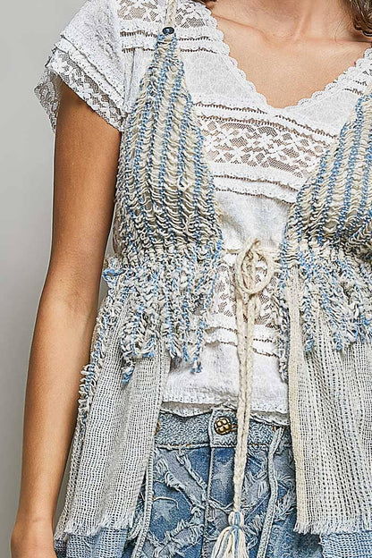 Stripe Loop Point Ruffle V-Neck Crochet Bra Top Sleeveless