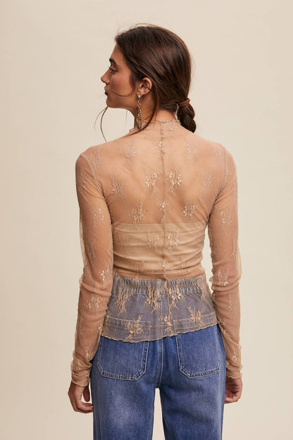 Sheer Lace Long-Sleeve Layering Top