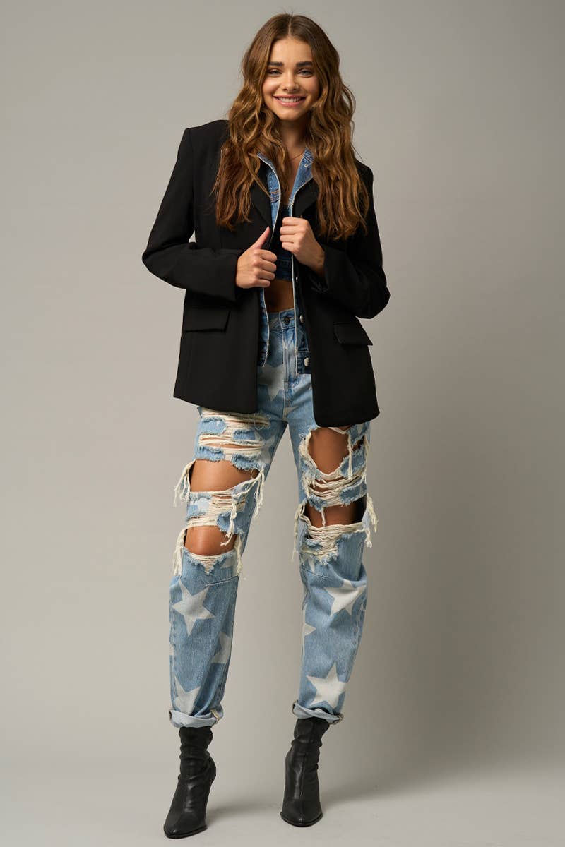 High Rise Ripped Star Print Slouch Jeans