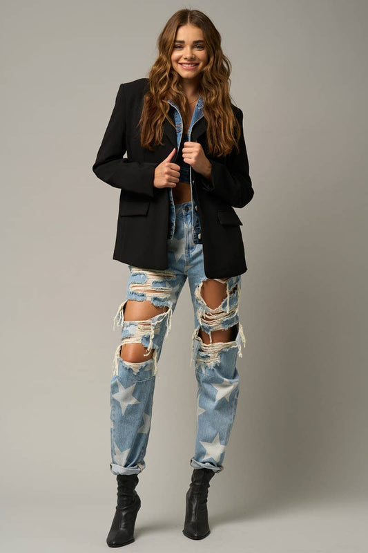 High Rise Ripped Star Print Slouch Jeans