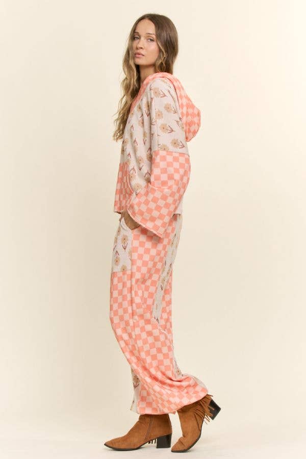 Retro Floral Checkered Patchwork Hoodie Lounge Set