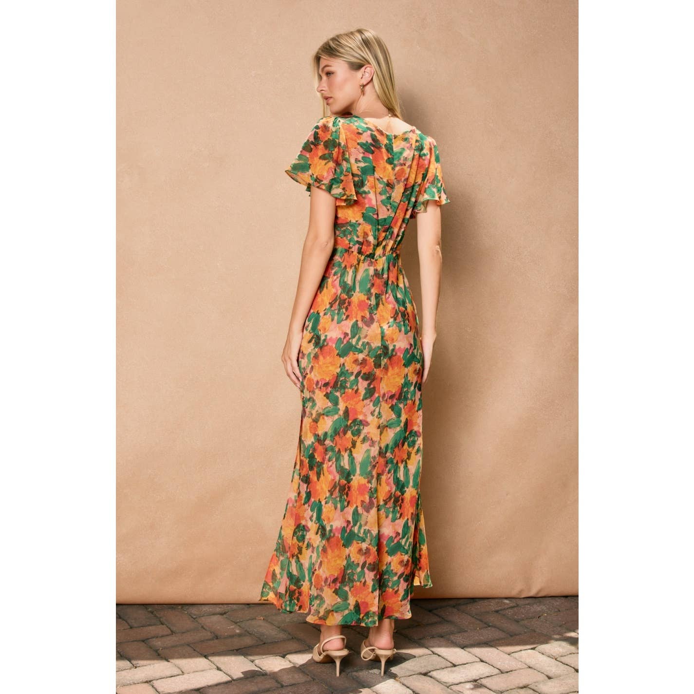 Tropical Spice Flutter Sleeve Maxi Dress