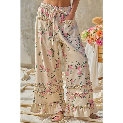 WASHED FLOWER PRINTED TWILL RUFFLED DETAIL WIDE PANTS