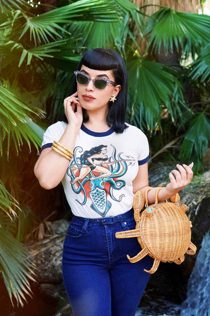 Daughter of the Kraken Fitted Ringer Tee in Natural/Navy