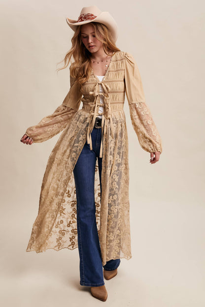 Lace-Up Embroidered Maxi Kimono