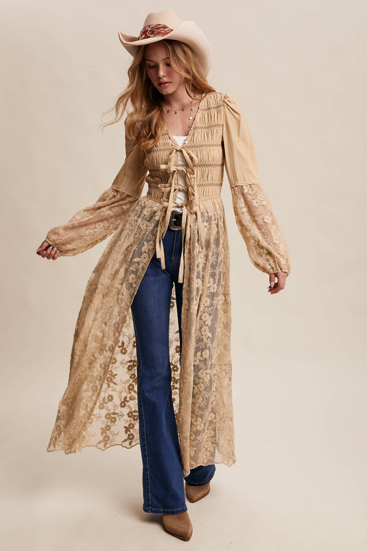 Lace-Up Embroidered Maxi Kimono