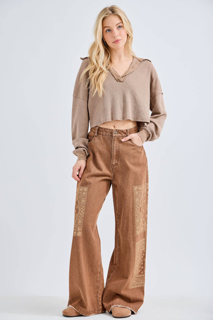 Mineral Wash Thermal V neck Collar Croptop