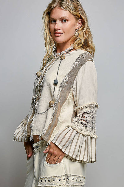 Raw Edge Contrast Panels Textured Woven Boxy Top