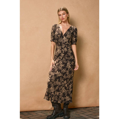 Brown Butter Puff Sleeve V Neck Dress