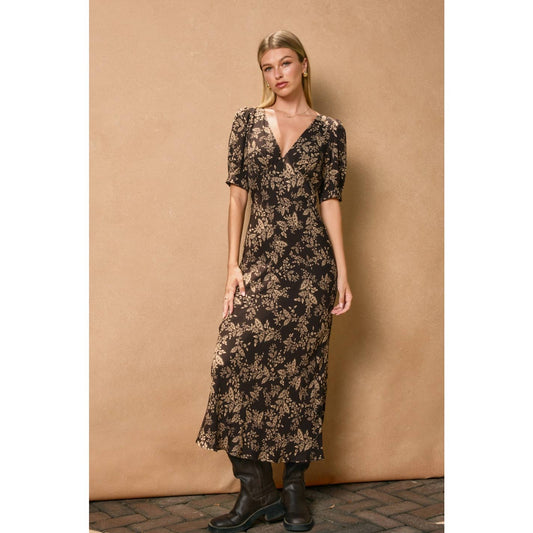 Brown Butter Puff Sleeve V Neck Dress