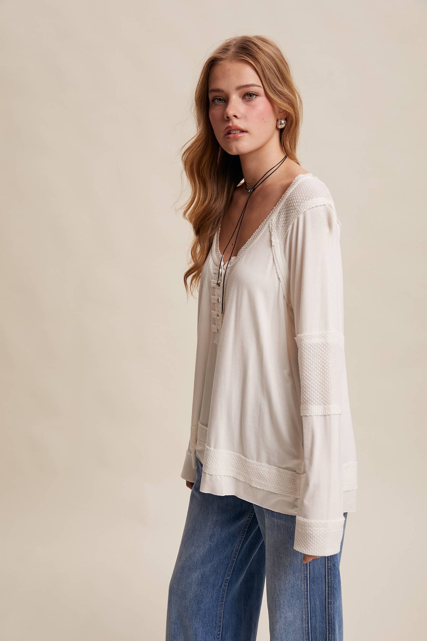 Textured Panel Button Henley Top