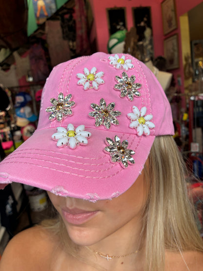 Daisy Bejeweled Bling Distressed Cap, Adjustable Multi colors available