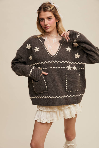 Floral Embroidered Knit Sweater