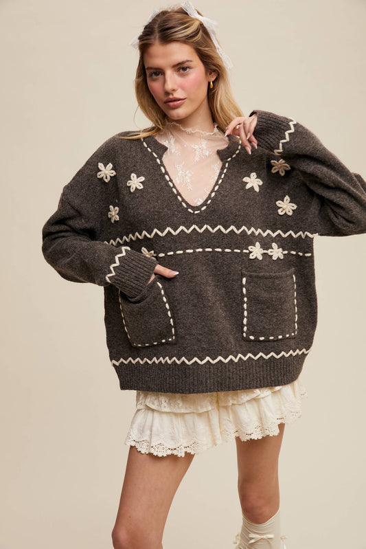 Floral Embroidered Knit Sweater