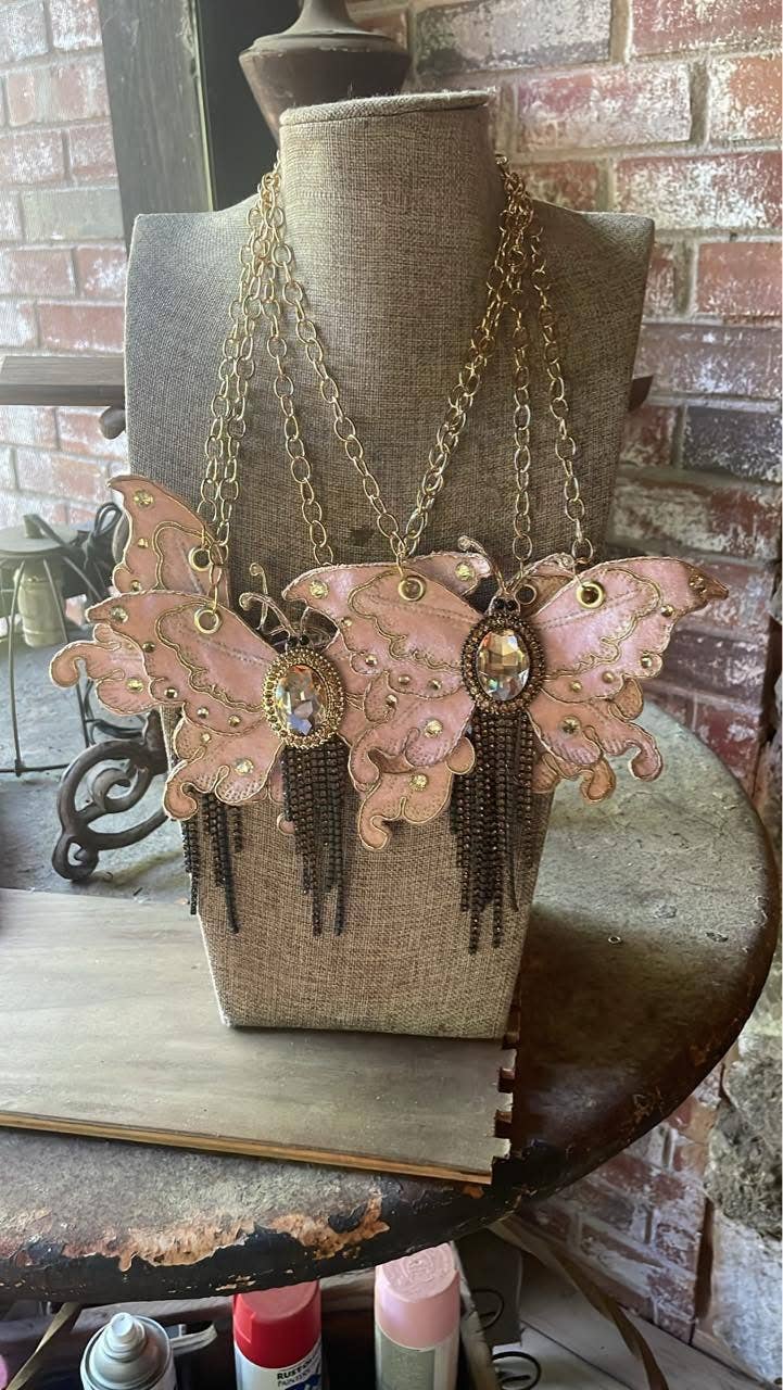 Velvet Butterfly & Rhinestone Fringe Necklace 