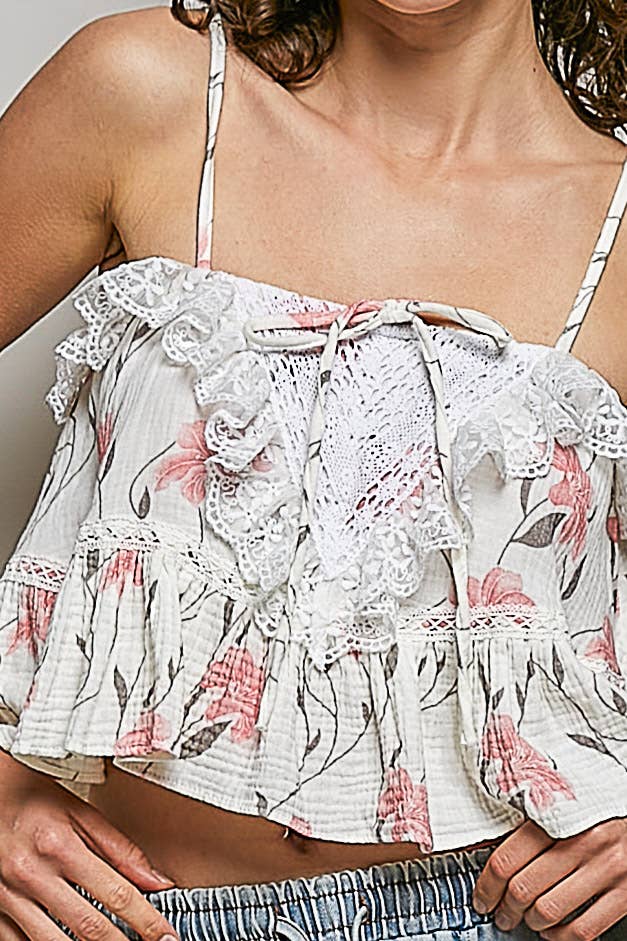 Lace Ruffles Ribbon Tie Cropped Floral Sleeveless Top