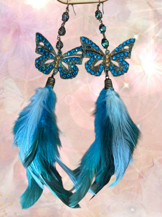 Blue Crystal Butterfly Feather Earrings