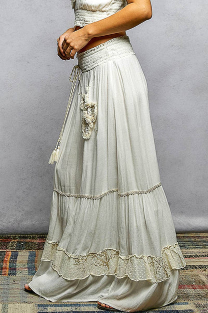 Smocked Waist Ruffle Embroidered Fringe Long Skirt