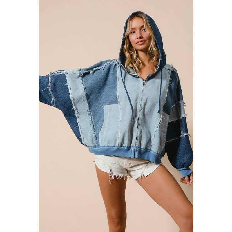 COLOR BLOCK WASHED DENIM ZIP UP HOODIE