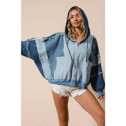 COLOR BLOCK WASHED DENIM ZIP UP HOODIE