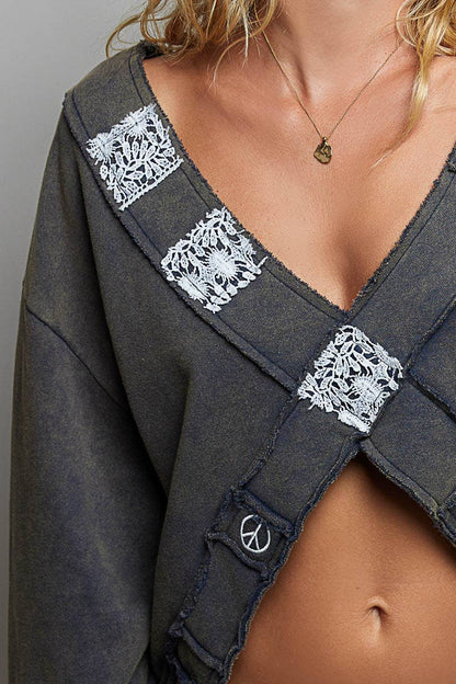 V-Neck Crochet Patch Cross Wrap Cropped Terry Top