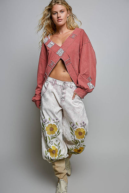 V-Neck Crochet Patch Cross Wrap Cropped Terry Top