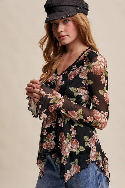 Floral Mesh Handkerchief Blouse