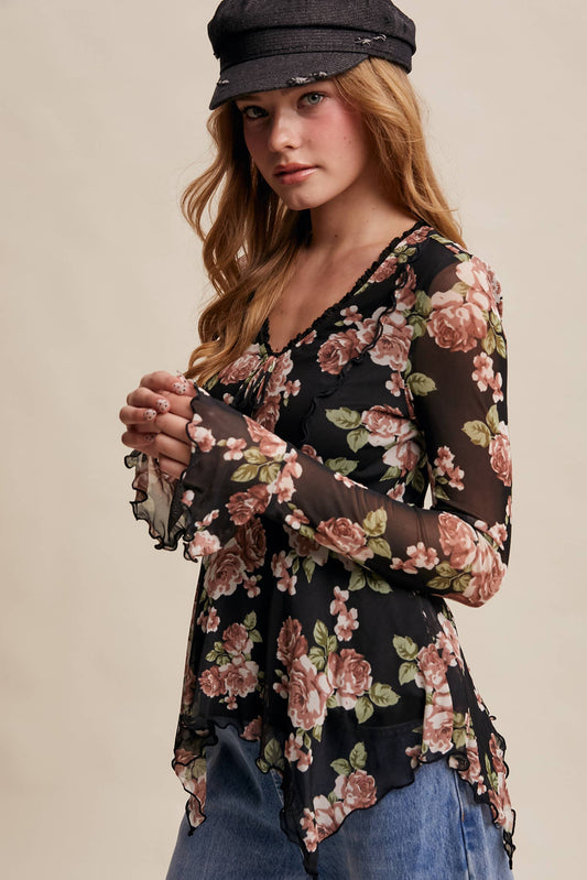 Floral Mesh Handkerchief Blouse