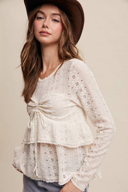 Stretch Lace Tiered Blouse with Drawstring Detail