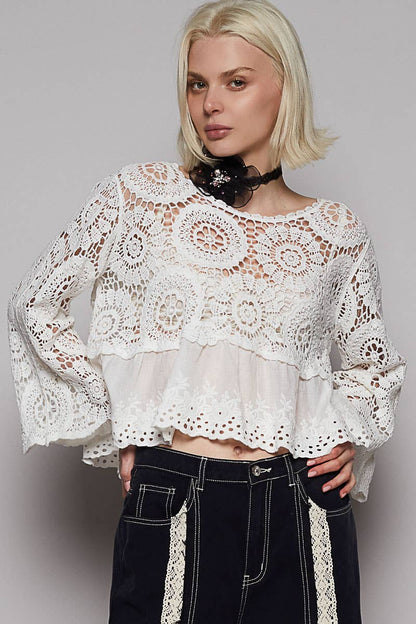 White 3/4 Sleeve Round Neck Eyelet Crochet Top