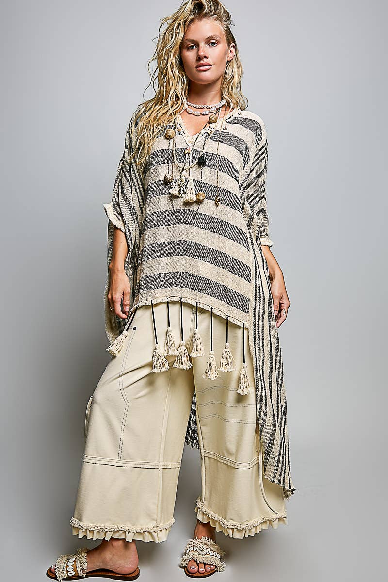 V-neck Fringe Tassel Vintage Washing Short Sleeve Top