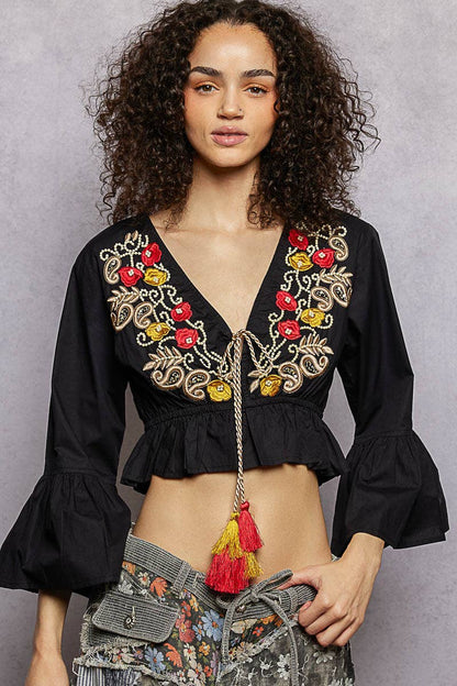 3/4 Sleeve Embroidered Bead Neck Loop Tassel Cotton Top