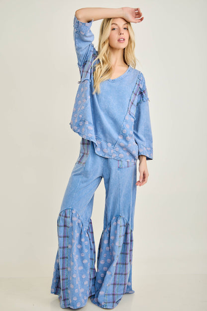 Mineral Washed Boho Pattern Patched Pants