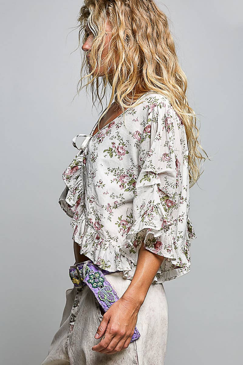 Lightweight Tie Neckline Floral Ruffle Woven Cropped Top