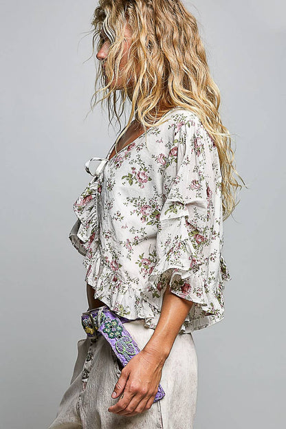 Lightweight Tie Neckline Floral Ruffle Woven Cropped Top