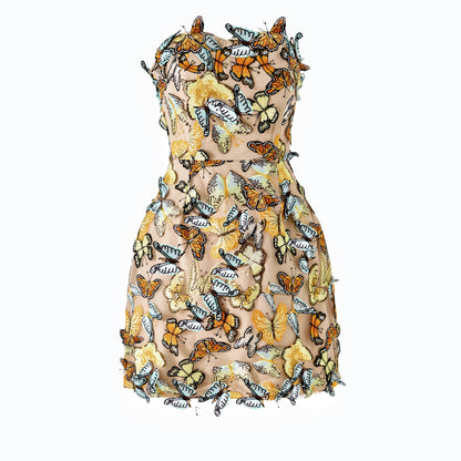 Butterfly Appliqué Strapless Embellished Mini Dress