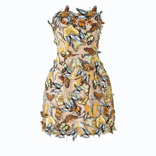 Butterfly Appliqué Strapless Embellished Mini Dress