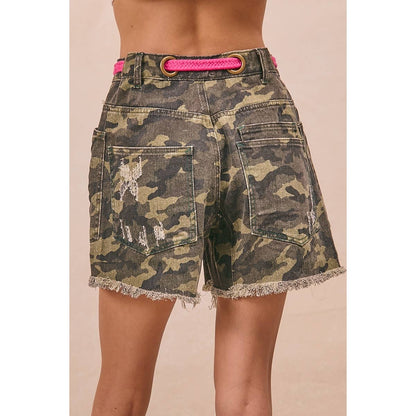 BRAIDED WAIST BELT POCKETS CAMOUFLAGE PRINT SHORTS