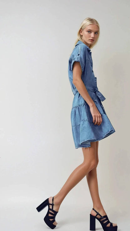 TIERED DENIM MINI DRESS WITH WAIST SASH