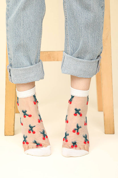 Cherry Embroidered Mesh Ankle Socks