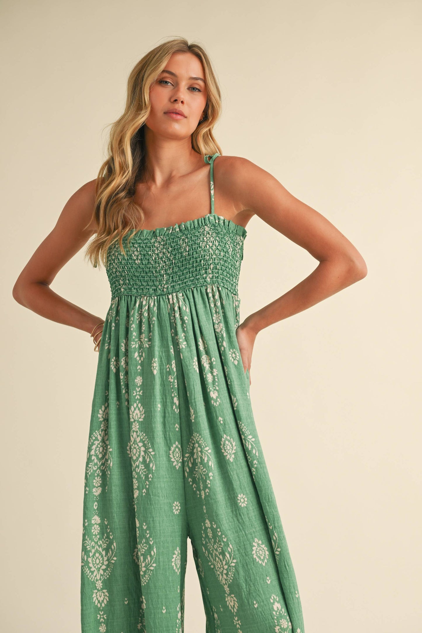 GREEN SMOCKED BALLOON JUMPSUIT