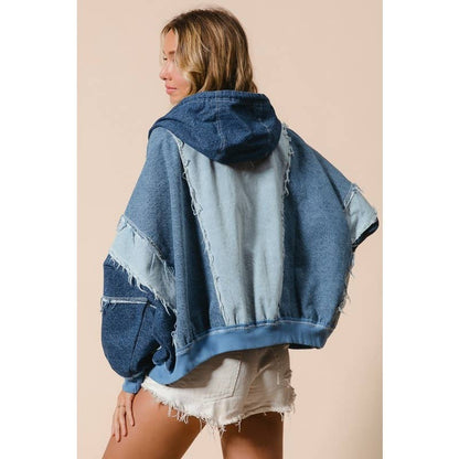 COLOR BLOCK WASHED DENIM ZIP UP HOODIE