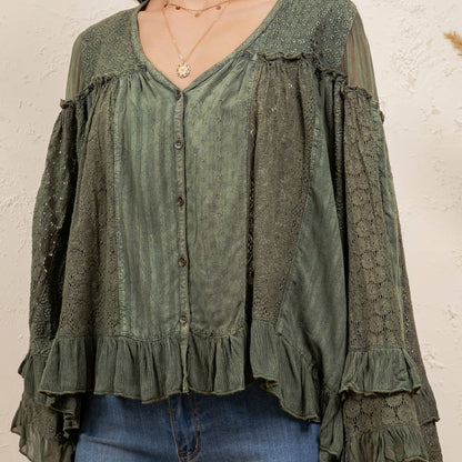 Dreamy Sheer V-Neck Ruffled Button-Front Top