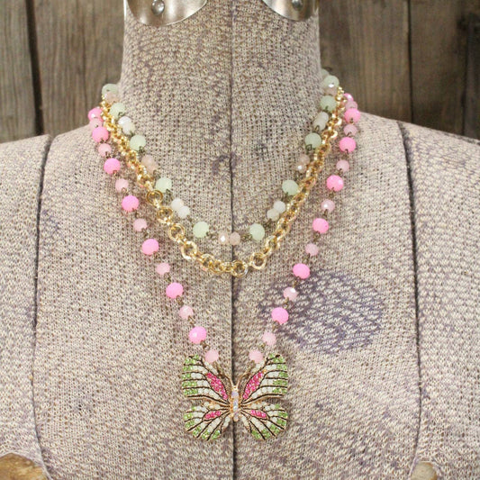 Pink Butterfly Layered Necklace