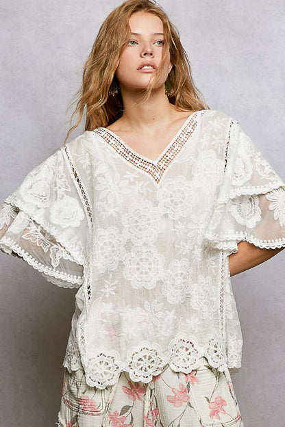 Haley V-neck Short Sleeve Crochet Top