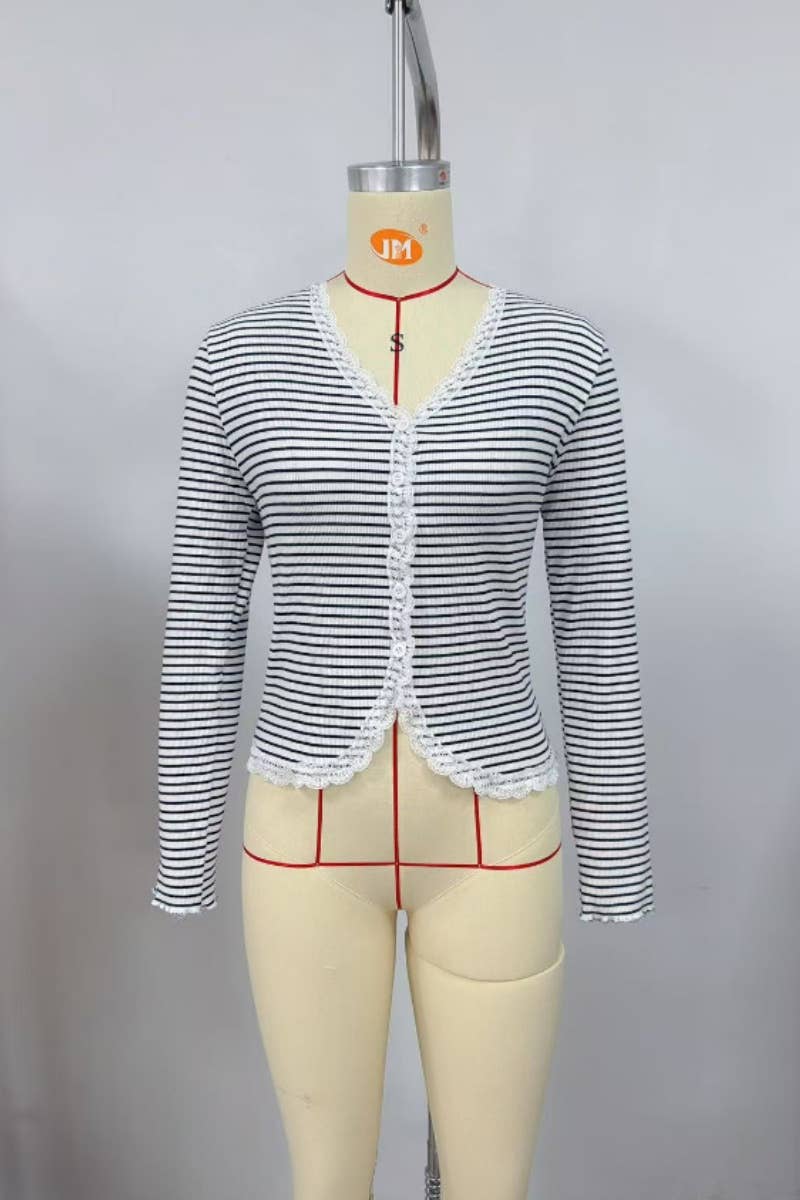 Striped Lace Trim Button Front Cardigan Top