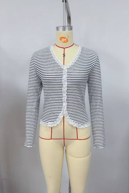 Striped Lace Trim Button Front Cardigan Top