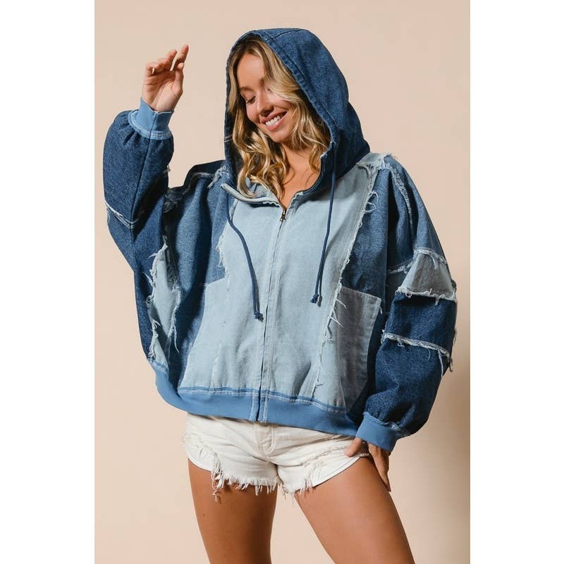 COLOR BLOCK WASHED DENIM ZIP UP HOODIE