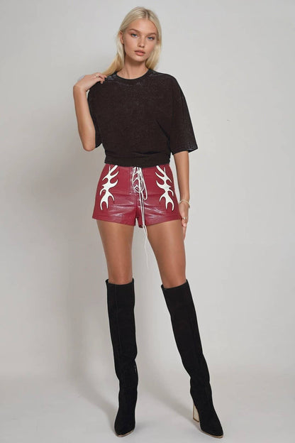 RED VEGAN LEATHER LIGHTNING CUT OUT SHORTS