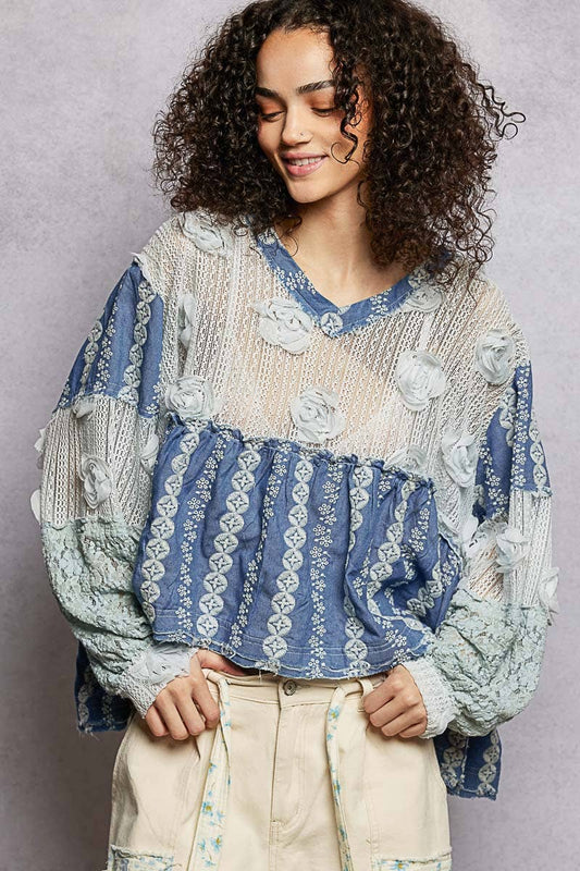 Eyelet Ruffle Lace RoseV-Neck Balloon Sleeves Top